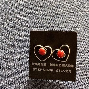 Earrings Childs Hearts Sterling Silver Red Coral Unworn